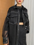 Sheer Black Shirt For Women Lapel Long Sleeve Patchwork Pockets Loose Solid Blouses Female Spring Clothes Style