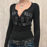 Print T Shirt Streetwear Y2K Aesthetic Long Sleeve Slim Top Women Buttons Basic Tee Casual Korean Grunge Fairycore-Outfit