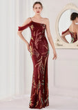 Sequin One Shoulder Slit Long Evening