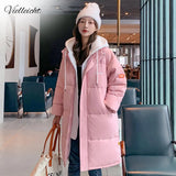 2021 Snow Wear Long Winter Coat Women Spliced Hooded Warm Parkas Female Hooded Padded Winter Jackets Women