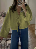 Women's Long-Sleeved V Tie With Solid Color Temperament Commuter Shirt