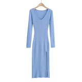 women solid elegant v neck sweater dress long sleeve ladies side open midi dress