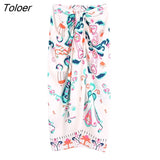 Women Vintage Graffiti Totem Floral Print Knotted Sarong Skirt Faldas Mujer Female Back Zipper Chic Slim Vestidos