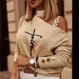 Toloer Street Style Irregular Shoulder Strap Nail Button Print Long Sleeve Off-Shoulder