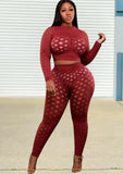 Plus Size Sexy Mesh Dot See Through Long Sleeve Top And Pant 2 Piece Sets 703-1-Outfit