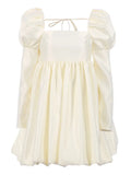 Puff Sleeves Woman Party Dress Evening Chic Square Collar Ball Gown Dress Short Beige Satin Dresses Pleated
