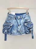 Women's Denim Skirt Solid Color Washed 3d Pockets Design A-line High Waist Cargo Mini Skirt 2024 Summer New Fashion 29L6995-Outfit