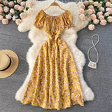 Women Floral Dress bohemian A-Line slash neck short sleeves dress summer vintage beach off shoulder Polka Dot