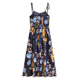 French Style Navy Blue Flower Print Bandage Spaghetti Strap Midi Long Dress Sexy Women Bow Lacing Up Sling Vestido-Outfit