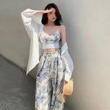Women's Chic 2Pieces Outfits Floral Print V-Neck Sleeveless Backless Camisole+Drawstring Elastic Waist Long Pants Set-Outfit