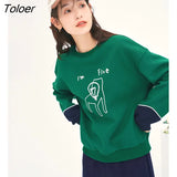 Women Sweatshirt 2022 Winter Long Sleeve O Neck Loose Hoodie Cuff Contrast Color Warm Casual Streetwear