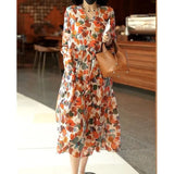Long Sleeve Loose Printed Midi Dress 2024 Spring Summer Women's Clothing Korean V-Neck Lace Up Ladies Elegant Dresses-Outfit