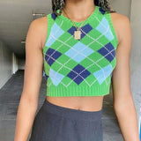 Argyle Plaid Y2k Tank Top Women Fashion Knitted Sweater Undershirt 90S Knitwear Autumn Basic