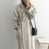 Sleeve Casual Vintage Belt 2021 New Fashion Long Autumn Faux Wool Blend Woolen Coat Winter Warm Women Warm Wool
