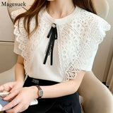 Short Sleeve Knitted Shirt 2021 Sweet Lace Stitching Big Doll Collar Ice Silk Top Knitwear Women White Black Blouse
