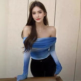Style Spicy Girls Blue Printed Shoulder Long-Sleeved T-Shirt New Slim Blouse For Women In The Fall Of 2024-Outfit