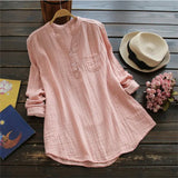 Plus Stripes Size Cotton Linen Long Sleeve Loose Casual