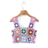 Harajuku Handmade Hollow Out Crochet Plaid Flower Tanks Women Summer Cropped Tops Retro Cool Girl Short Tee Holiday-Outfit