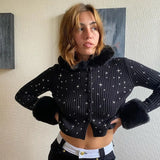 Elegant Autumn Sweater Cardigan Women Long Sleeve Star Embroidery Fur Collar Knitted Cropped Hoodies Harajuku 2021
