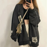 Women's street brown graffiti print zip vintage tops hoodie sweatshirts hoodies kawaii Blouse grunge y2k coats Autumn