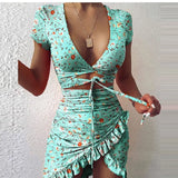 Floral Print Fashion Tie Up Wrap Mini Dress 2021 Summer Holiday Ruffles Sundress Ruched Women's Dress Short