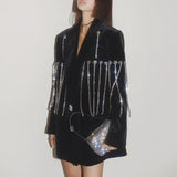 Black Loose Casual Patchwork Diamonds Tassel Blazer Female Notched Long Sleeve Fashion Jacket For Women 2021
