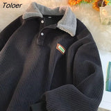 Hop Harajuku Corduroy POLO Collar Oversized Sweatshirt Preppy Streetwear Loose Pullover Thick Velvet Winter Clothes