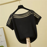 Size Summer Short Sleeve Tshirt Women Loose Korean Slim Ice Silk Solid T-shirt O Neck Chic Splicing Casual Tee Blusas