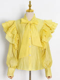 Solid Casual Shirt For Women Bow Collar Butterfly Sleeve Patchwork Buttons Loose Shirts Female 2022 Autumn