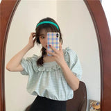 Women Loose Plaid Harajuku New Arrival Summer Short Sleeve Retro Simple Holiday Students Tunic Top Cute Chic Sweet