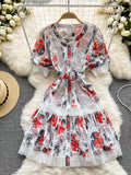 Lace Trims Vintage Print Slim Mini Dress Women O-Neck Short Puff Sleeve Chic Flower High Waist Streetwear Dress
