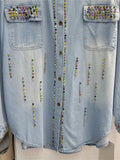 Women's Denim Shirt Loose Double Pockets Colorful Crystal Beading Single Breasted Blouse 2024 Summer New Fashion 29L1839-Outfit