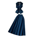 Age-Down Suit Women's Summer Ripe Wind Folds Back-Clip-Free Denim Blouse + High Waist