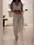2 Pieces Sets Casual Crop Top And Pant Wide Leg Loose Pant Outfits 2 Pieces Sets Women Lace-up Pant With Pockets-Outfit