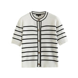 New Summer Style Small Fragrant Style Button Design Striped Cardigan-Outfit