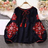 Vacation Retro National Style Embroidery With Esopre V-Neck Lantern Sleeve Shirt Shirt Women Loose