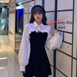 Women Clothing Sets Lantern Sleeve Short Loose Shirts with Black Solid 2023 Korean Fashion Women's Dress Two Piece Suit-Outfit