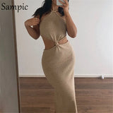 Sexy Women Halter Wrap Cut Out Summer Beach Long Dress 2021 Party Fashion Sleeveless Night Club Hollow Out Bodycon