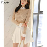 arrival fashion set women spring temperament casual sexy perspective lace shirt and white pleated a-line skirt two piece