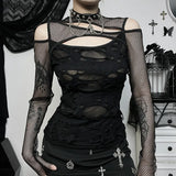 Autumn New Personality Women's Wear Dark Wind Hot Girl Sexy Slim Grid Hole Long-Sleeved Top Girl-Outfit
