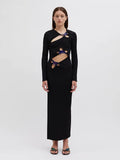 New Women's Sexy Hollow Long-Sleeved Black Dress Metal Decorated Open Forked Ass And Hip