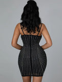 Sexy Black Rhinestone Beaded Straps Bodycon Club
