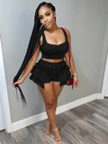 Summer Clothes Streetwear 2 Two Peice Set Outfits Tracksuit Women Sleeveless Crop Top Ruffles Shorts Black Matching
