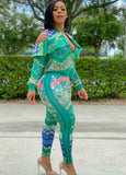 Print Green Cut Out Zipper Jacket and Matching Pants Set 703-1-Outfit