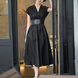 Elegant Dress For Women V Neck Short Sleeve High Waist Sashes Solid Midi Dresses Female Summer Clothing Style