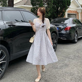 Women A-line Retro Harakuju Patchwork Puff Sleeve Floral Oversize Korean Style Elegant Chic Casual Summer Fashion
