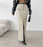 Toloer Women's Wear 2024 Leather Design Sense Open Fork Solid Color High Waist Simple Leather Slim Body Skirt-Outfit