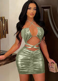 Sexy Lace Up Halter Backless Ruched Bodycon