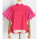 Casual Solid Shirt For Women Stand Collar Loose Short Sleeve Pacthwork Diamonds Tassel Blouses Female Fashion
