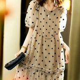 Stylish Polka Dot Printed Chiffon Midi Dress Summer Elegant Folds Patchwork Women's Clothing Loose A-Line O-Neck